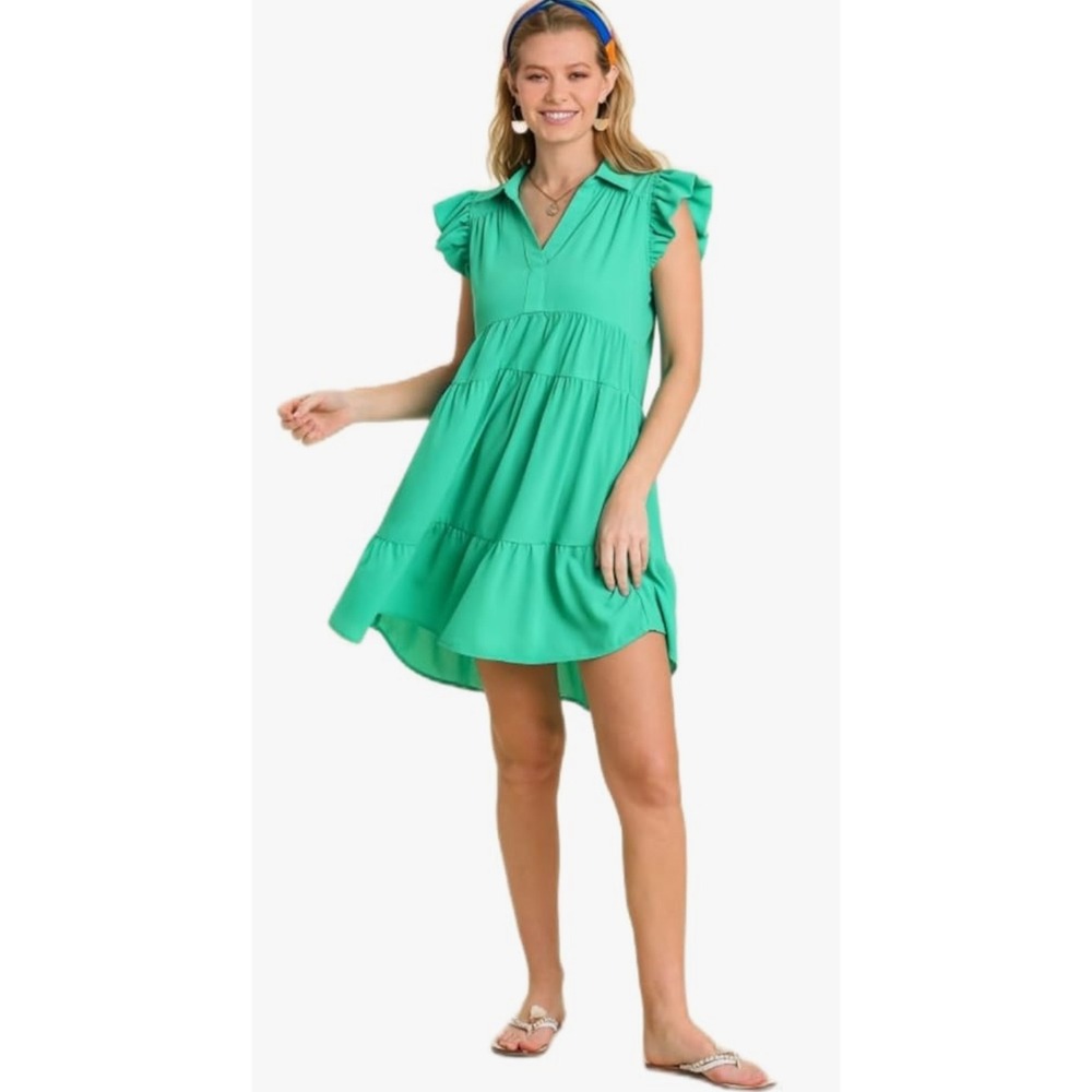 Umgee Jade Green Tiered Babydoll Dress Ruffle Cap Sleeve V-Neck Mini Medium